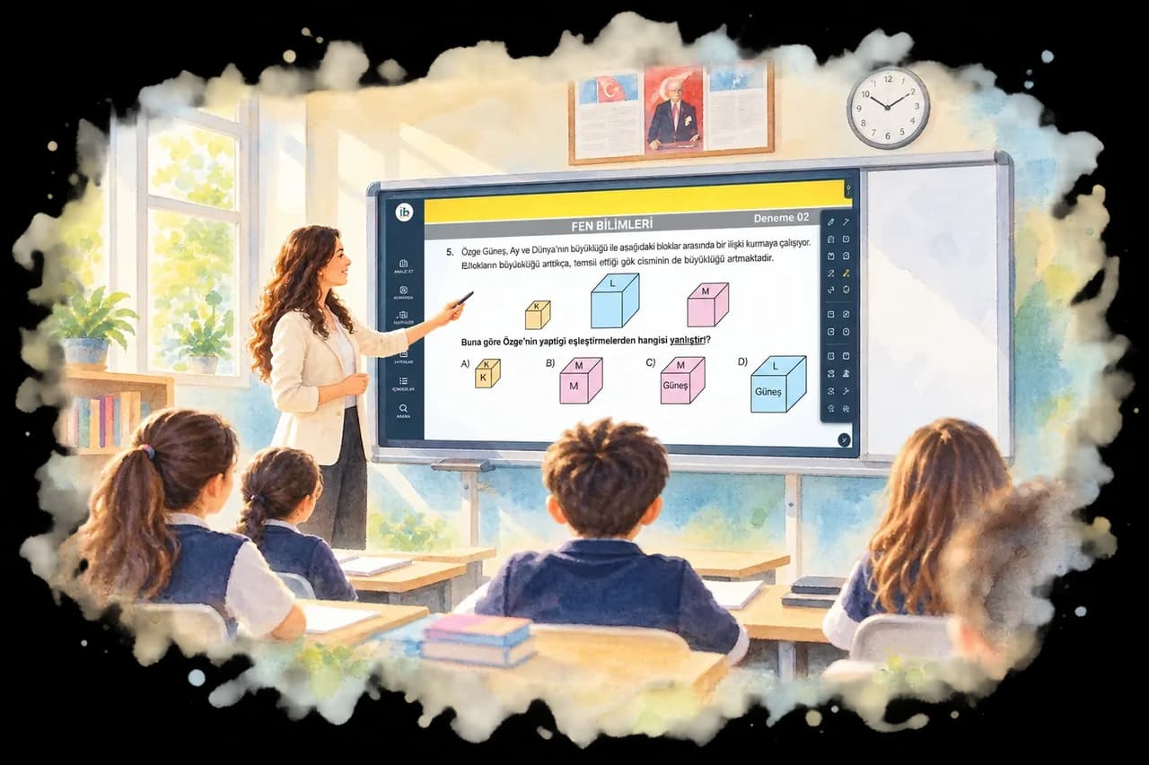 Sınıfta akıllı tahtada indiviBook z-Kitap ile ders anlatan öğretmen